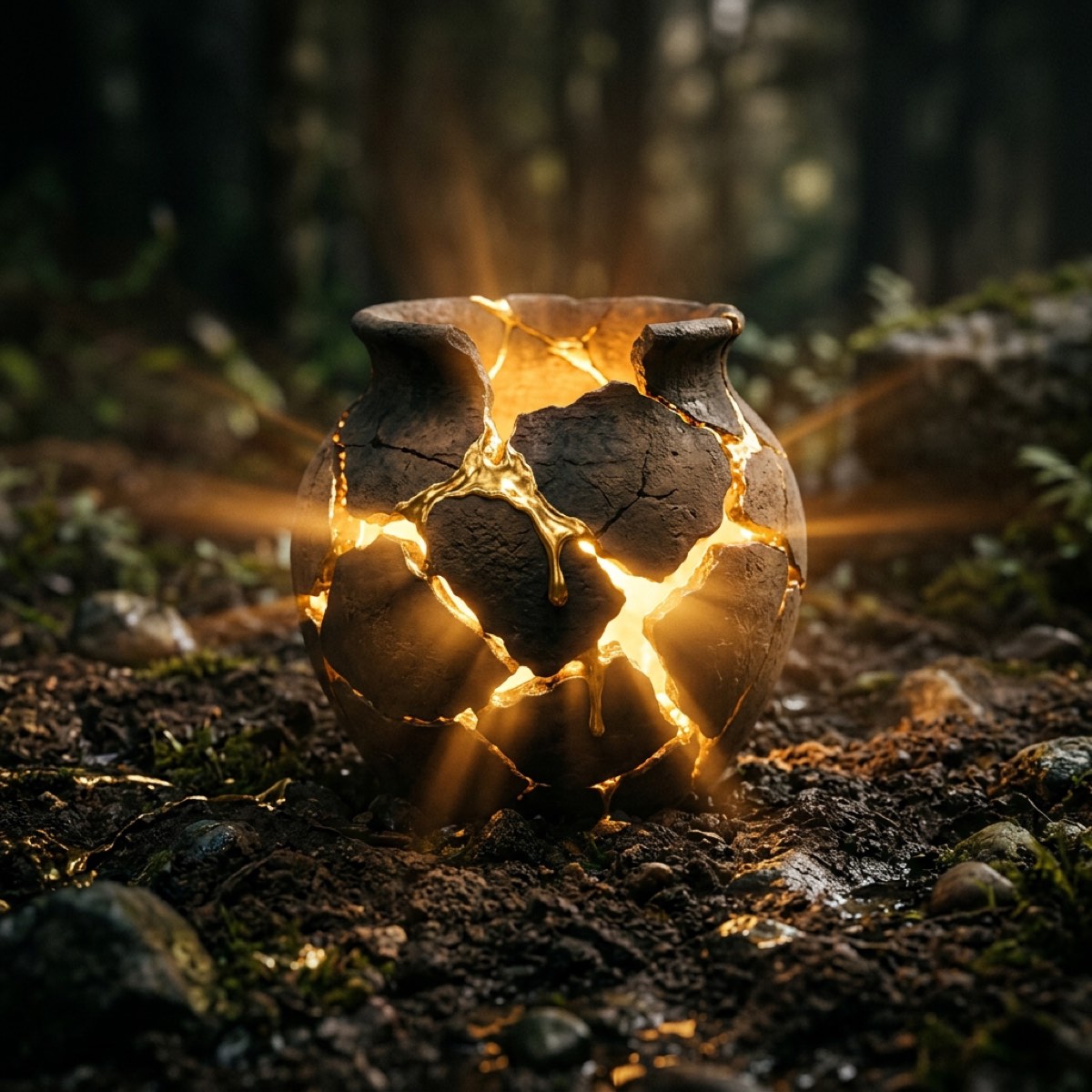 A broken clay vessel with golden light pouring from its cracks — Broken But Not Finished