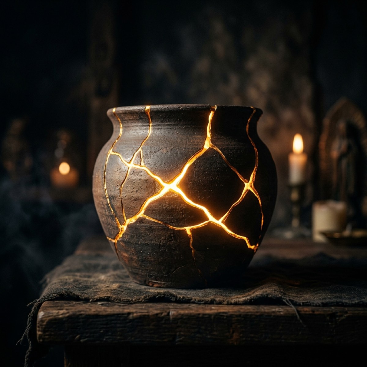 Cracked clay pot glowing with brilliant gold light through the cracks — kintsugi