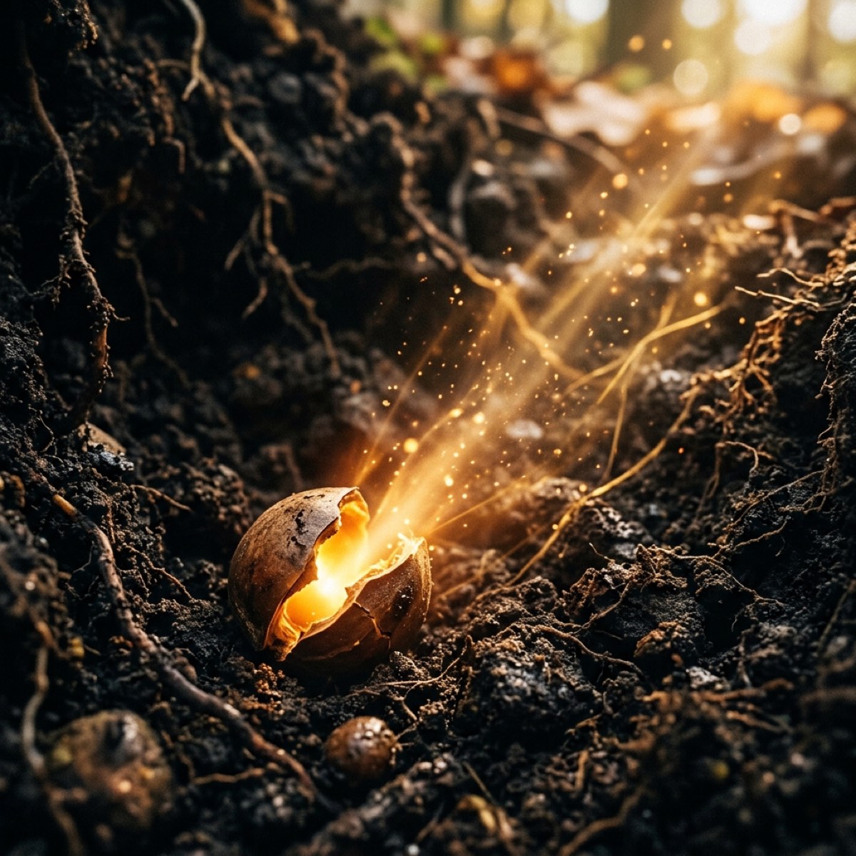 Seed glowing with golden light in dark soil — Buried as a Seed, Raised as Bread