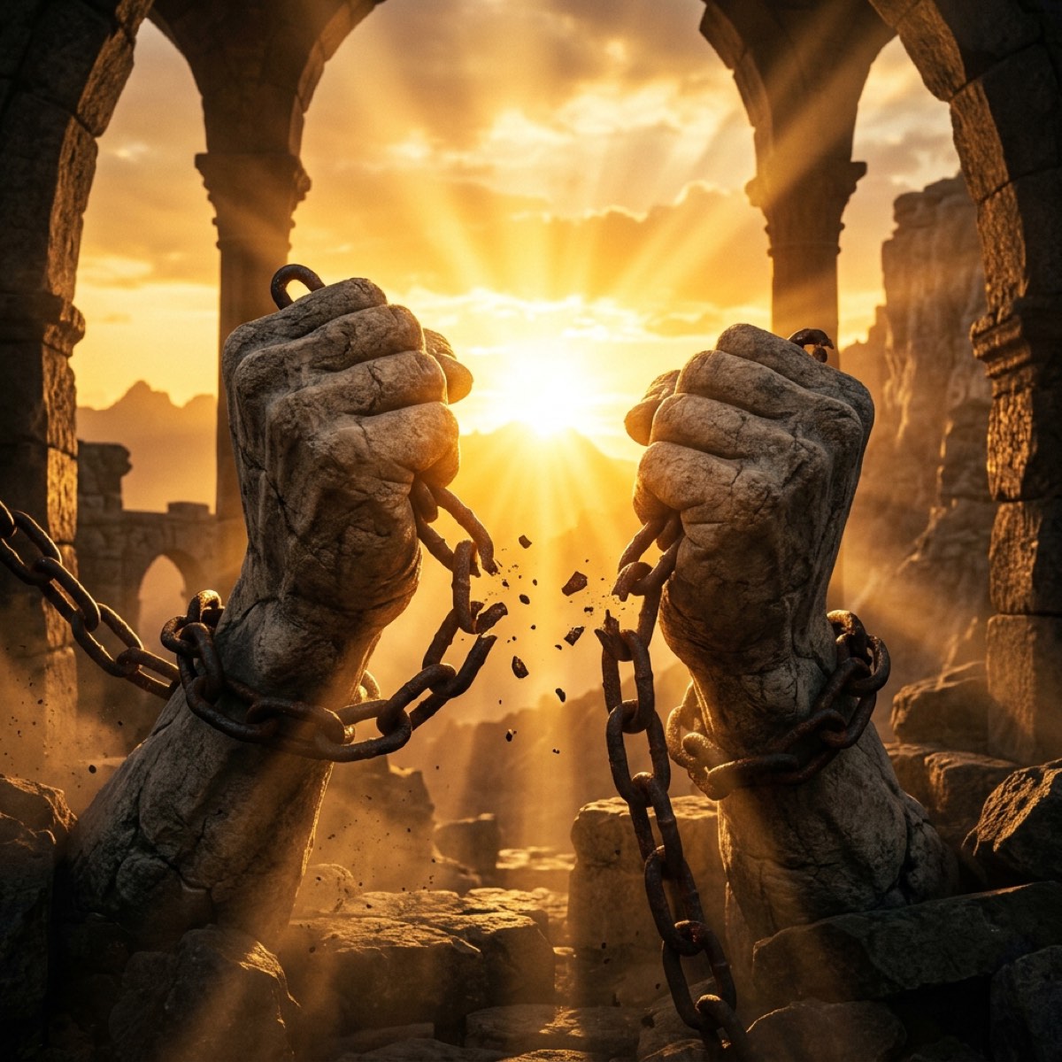Chains breaking in golden sunrise light — God Writes Your Story, Not Your Past