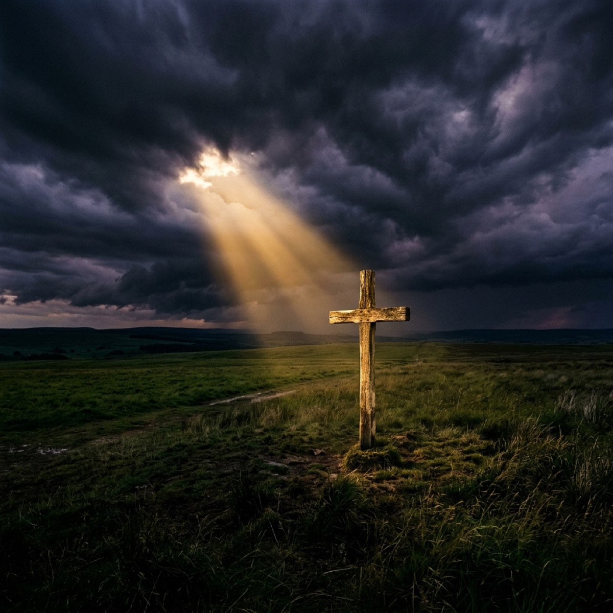 A wooden cross illuminated by a single beam of golden light breaking through storm clouds