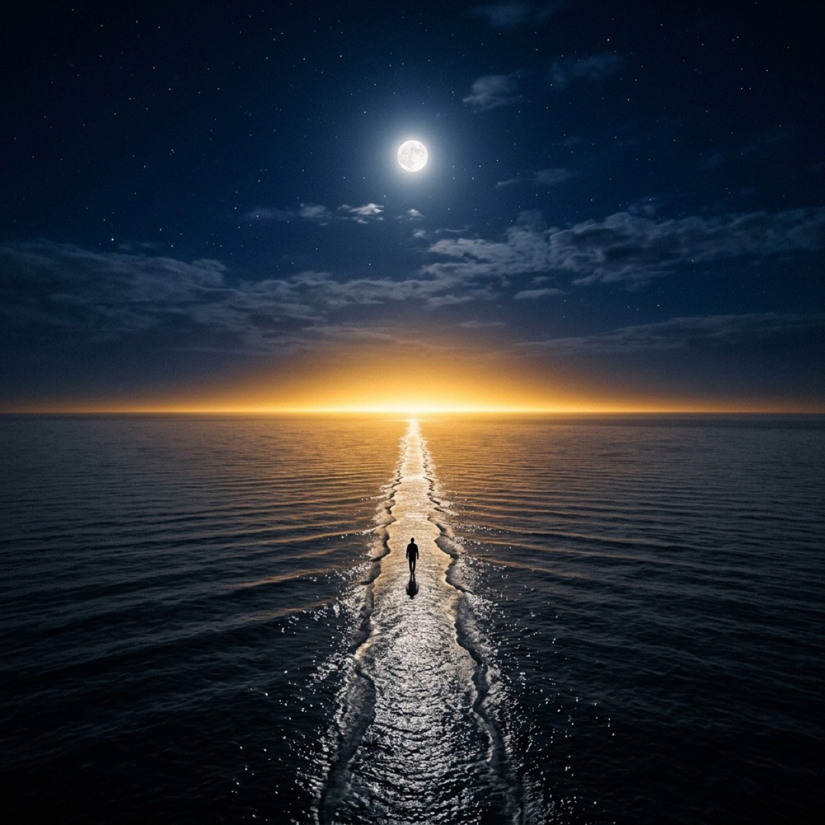 Moonlit path across a calm ocean stretching toward a golden horizon