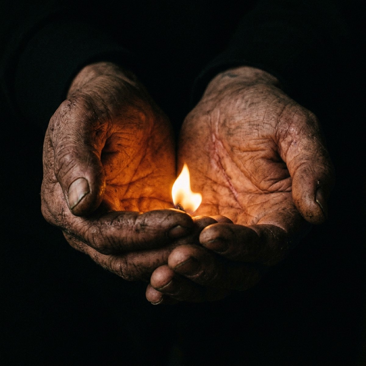 Weathered hands cupping a small flame in complete darkness