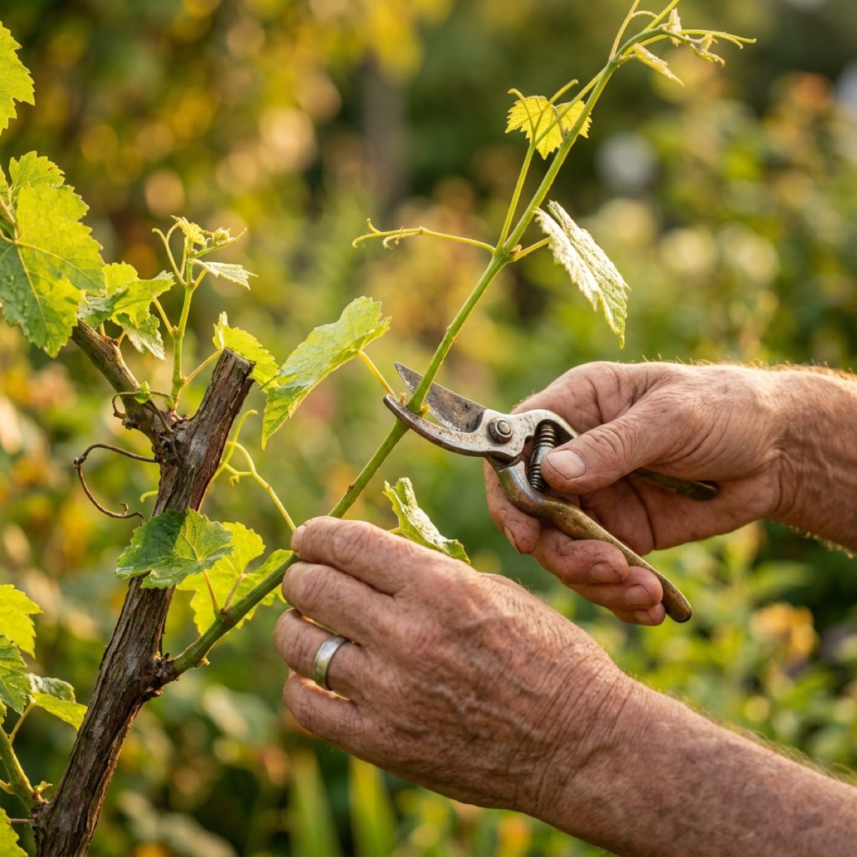 Weathered hands carefully pruning a green vine branch in warm golden light