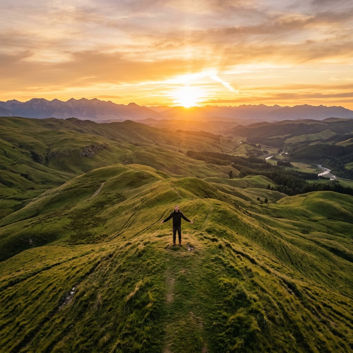 Man standing on a hilltop at golden hour with arms outstretched toward the sunset