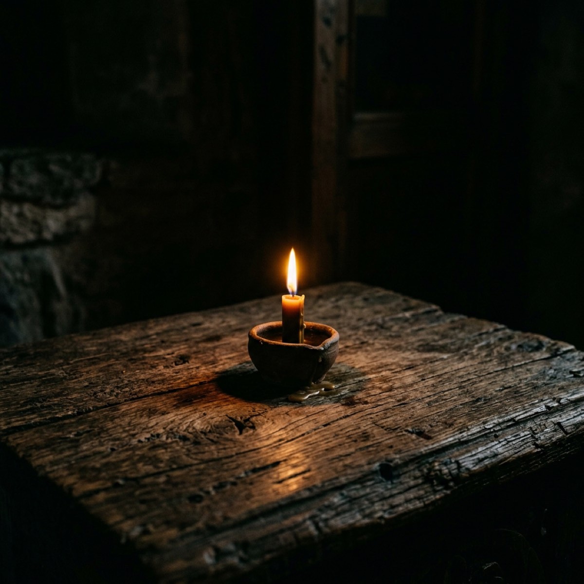 A single candle burning in deep darkness on ancient wood — The Flame That Darkness Cannot Kill