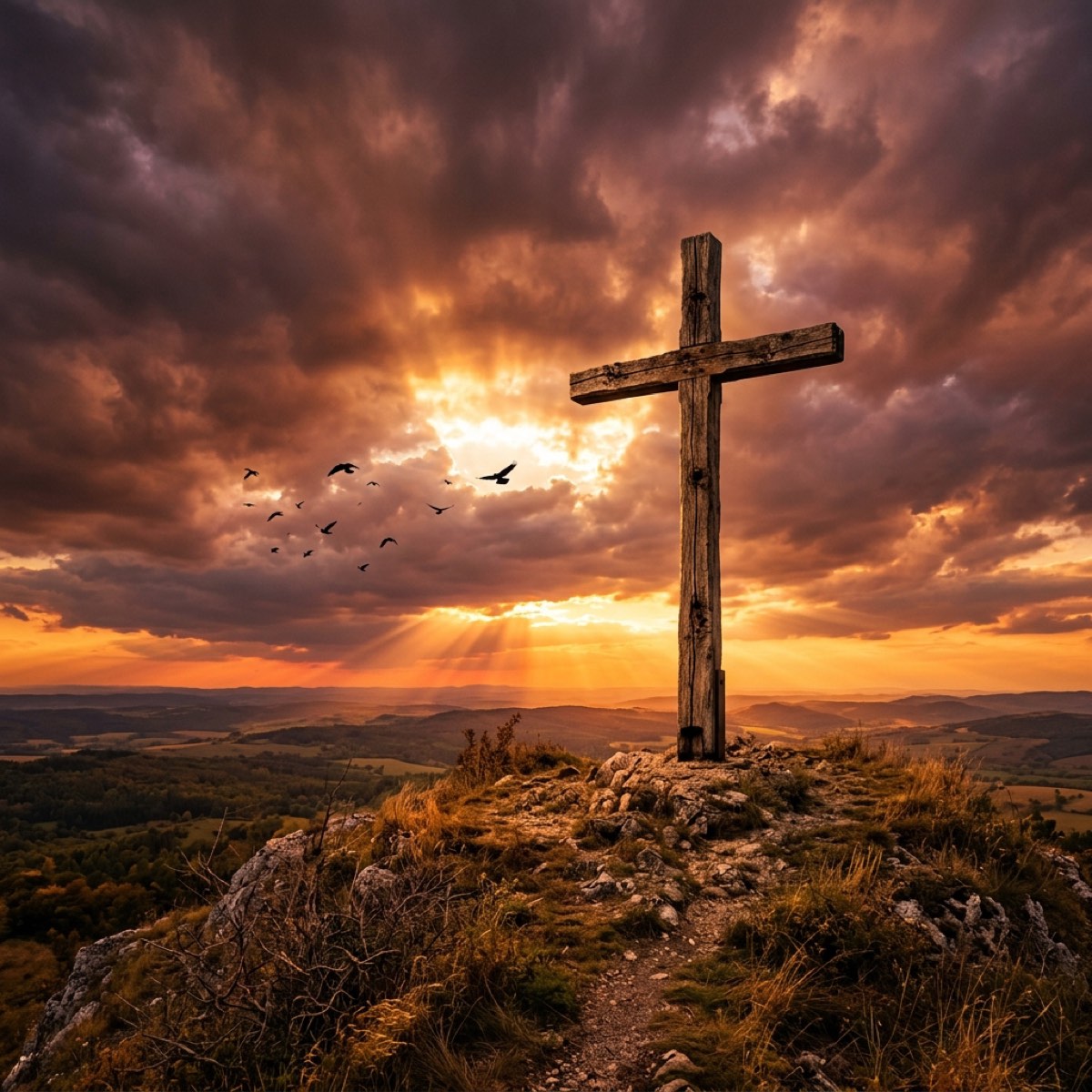 Rugged wooden cross on a hilltop at sunset with birds in flight — The Hardest Part Is Behind You