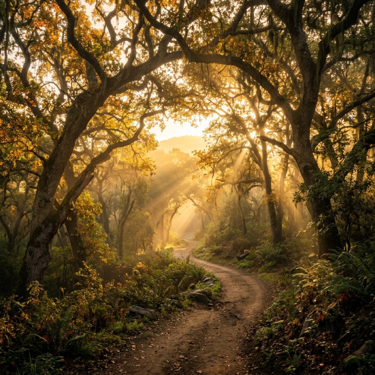A winding path through a radiant golden forest at sunrise with divine light streaming through ancient trees — The Path God Cleared for You