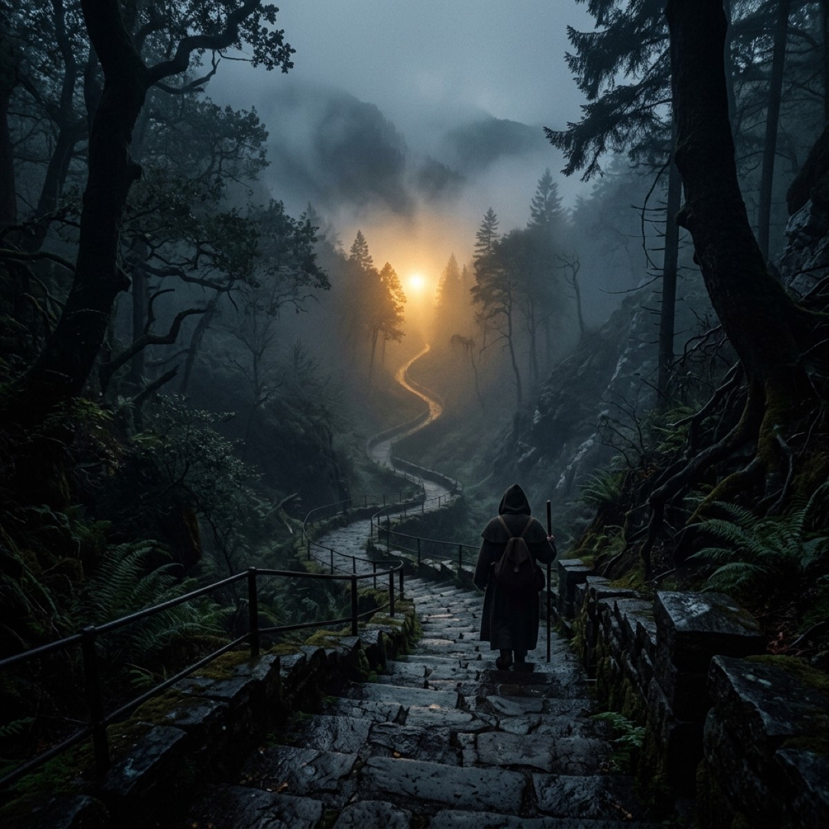 The Valley Is Not the Final Chapter — misty forest path leading toward distant golden light