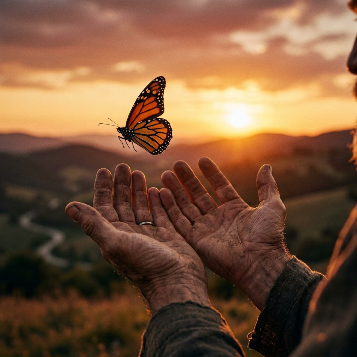 Open weathered hands releasing a monarch butterfly at sunset — What You Release, God Redeems
