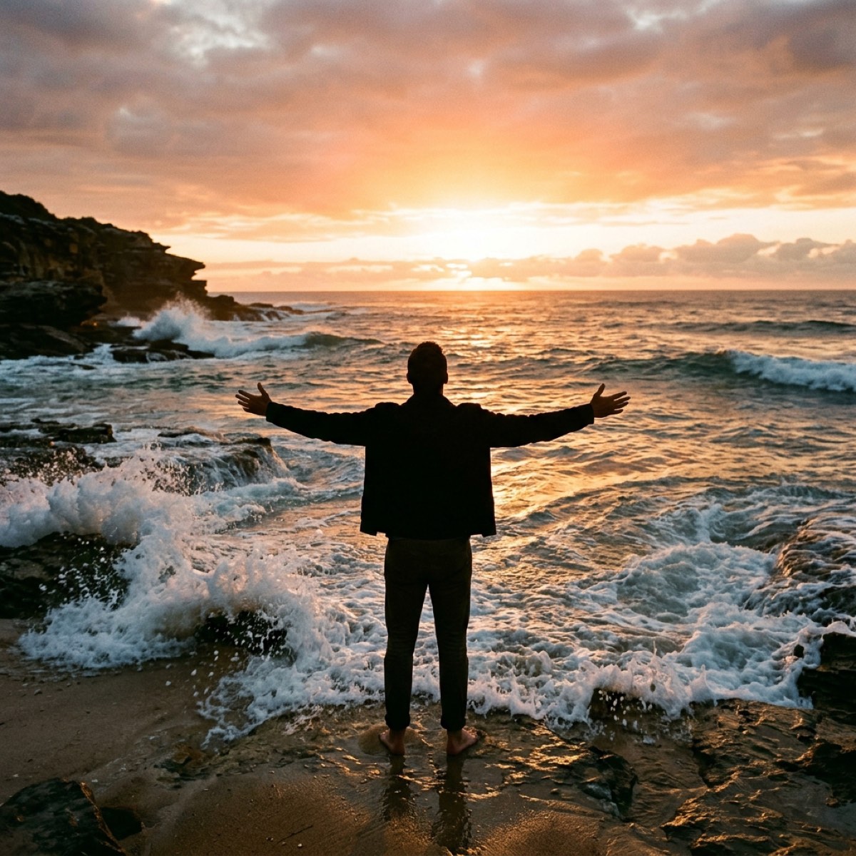 Silhouette of a man with arms open wide at ocean sunrise — When God Says Let Go