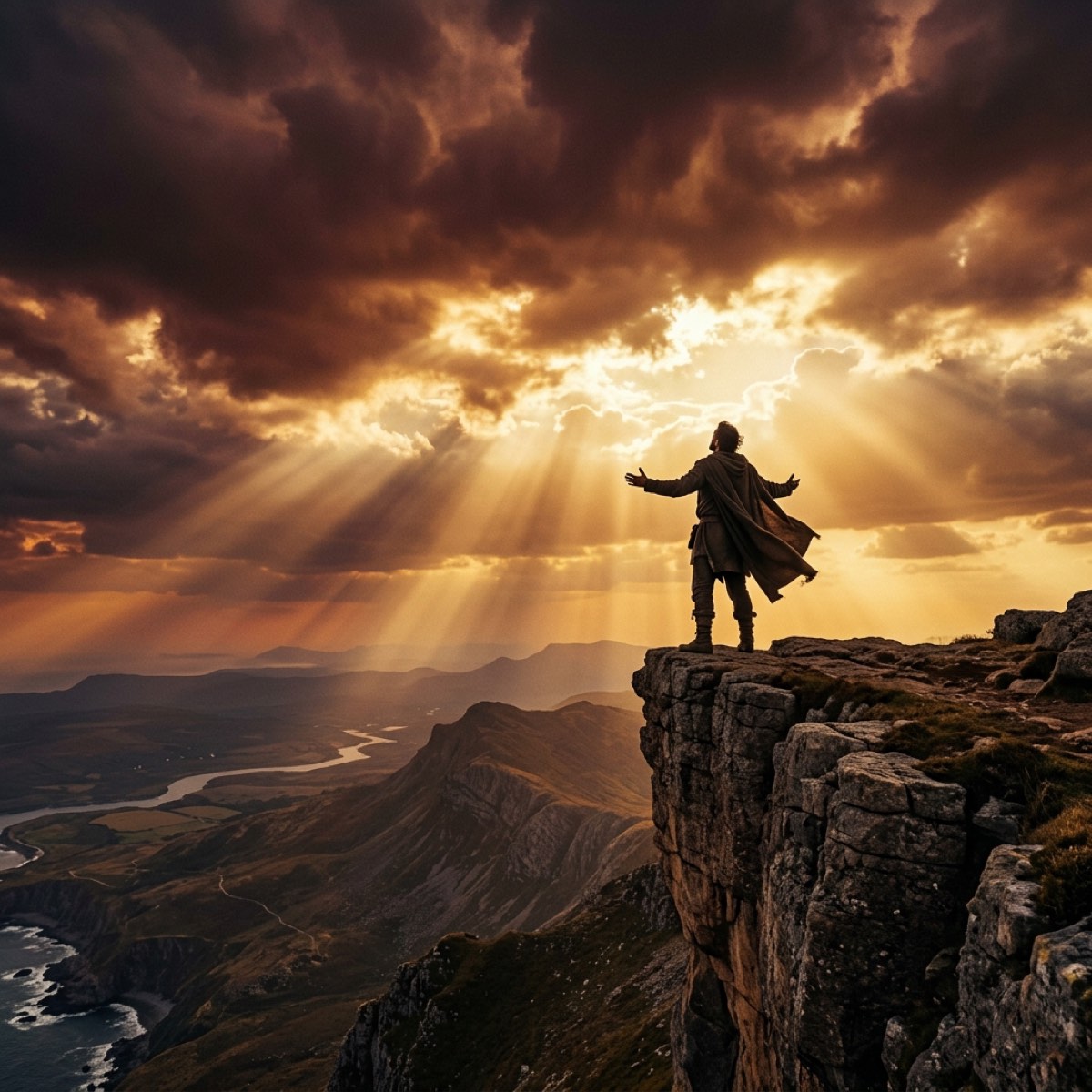 A figure standing on a cliff at golden hour with divine light breaking through storm clouds — You Were Made for This Moment