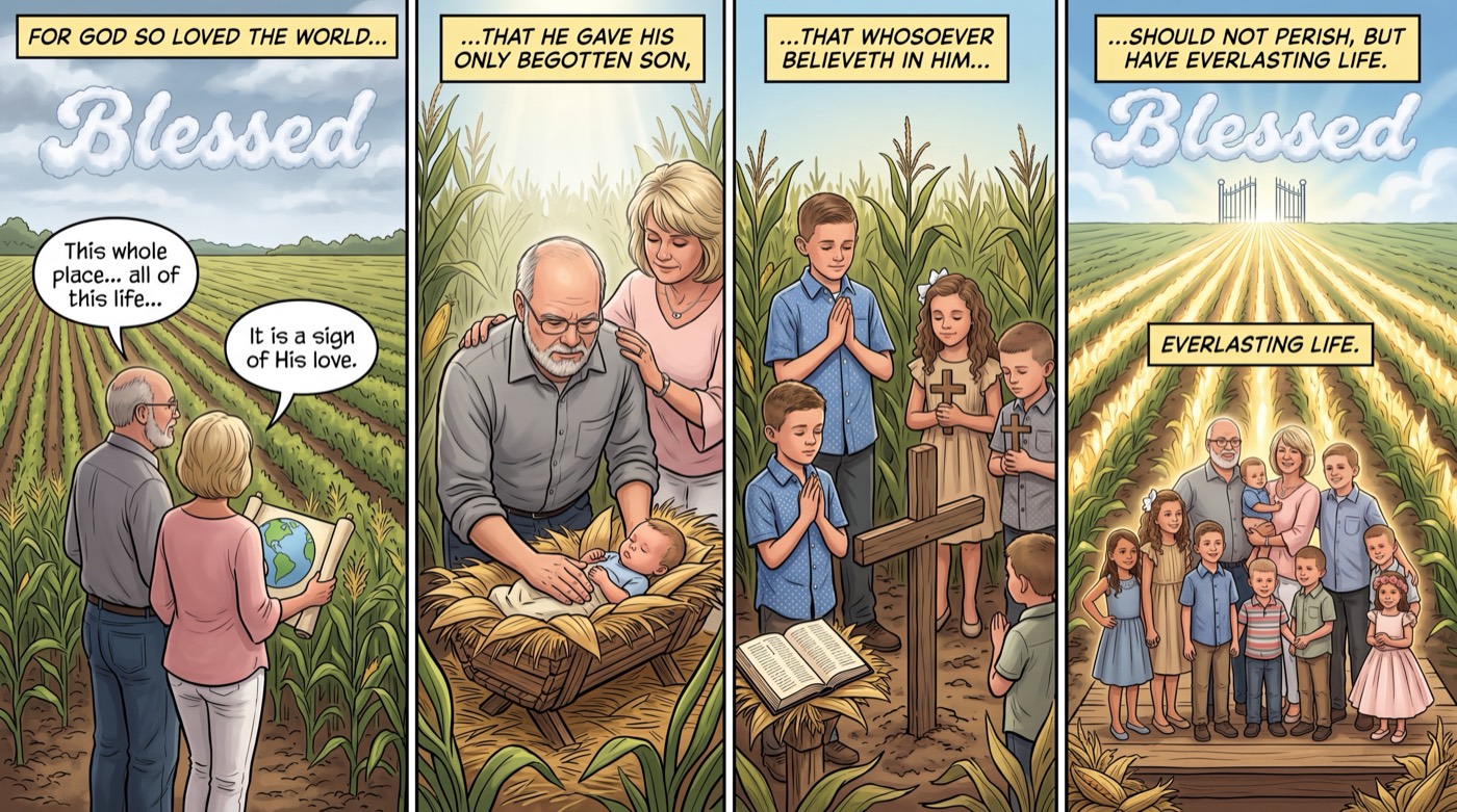 4-panel comic strip: A family in a cornfield walks through John 3:16 — For God so loved the world... that He gave His only begotten Son... that whosoever believeth in Him... should not perish, but have everlasting life. Blessed.