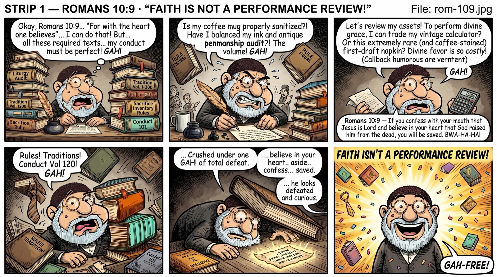 Romans 10:9 — Believe, not perform. Panel 3.