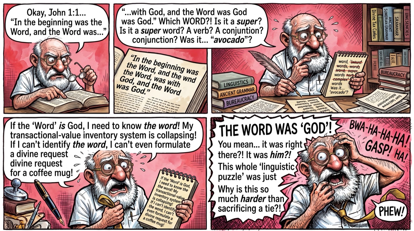 4-panel comic strip: A sandwich-board prophet discovers John 3:16 and spirals into a panic attack over 'everlasting life' being too long a lease — then gets a hug attack. The beginning was already good news.