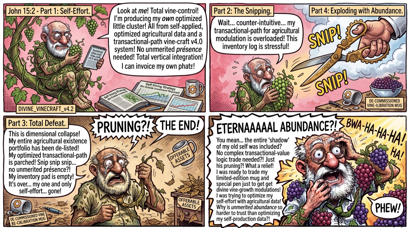 4-panel comic strip: Man-branch lounges thriving on his own — God's giant shears SNIP SNIP SNIP — he's left as a bare stick crying 'This is the END!' — then EXPLODES with fruit: '...Oh. He was right.' John 15:2