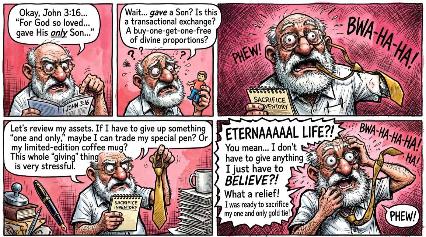 4-panel comic strip: Our hero reads John 3:16 and tries to figure out what he has to give in exchange for eternal life — then discovers he just has to believe. BWA-HA-HA!