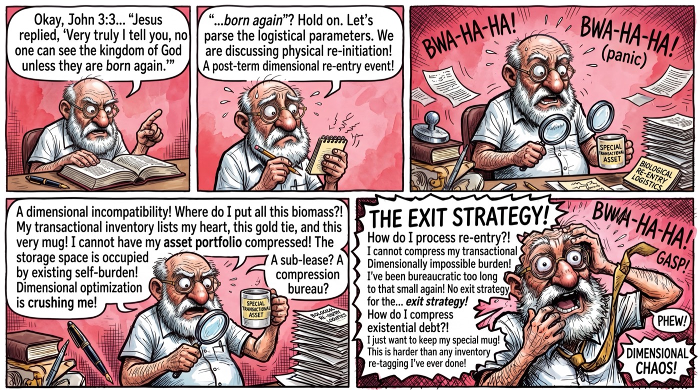 4-panel comic strip: Our hero reads John 3:3 — 'born again' — and immediately starts calculating the logistical parameters of physical re-initiation. His asset portfolio is too large to compress. DIMENSIONAL CHAOS ensues.