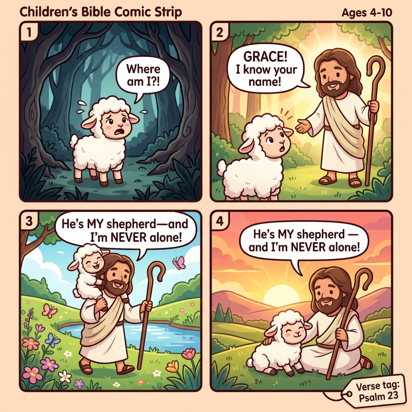 Grace the lamb comic: God is Our Shepherd! Psalm 23
