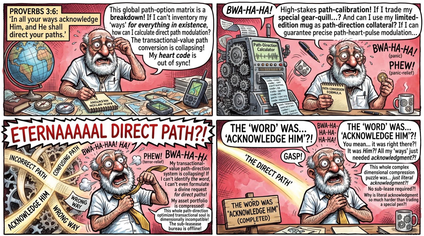 4-panel comic strip based on Proverbs 3:6 — acknowledge Him in all your ways and He will direct your paths.