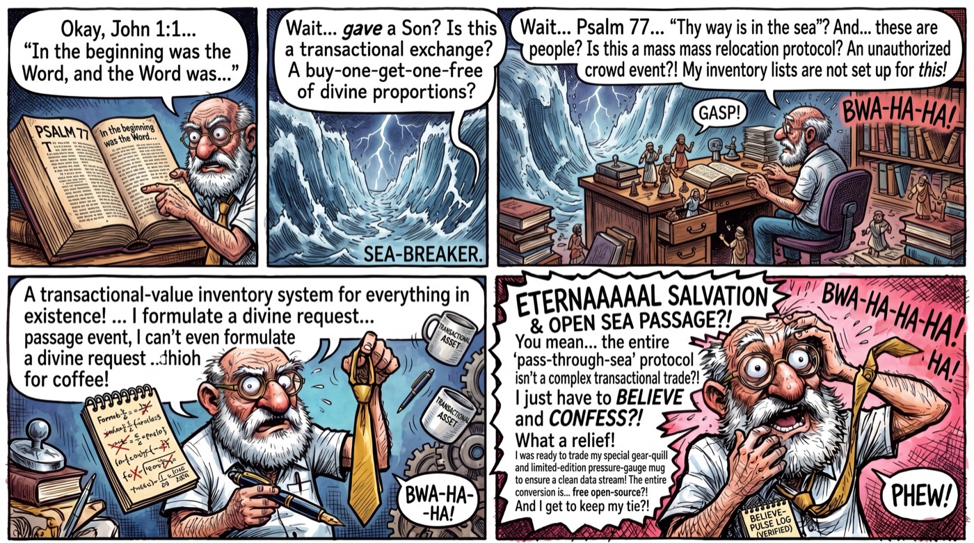 4-panel comic strip: Our hero files a formal grievance with Heaven over unanswered prayers, discovers Psalm 77, and realizes even the psalmist complained loudly — then gets reminded of God's track record.