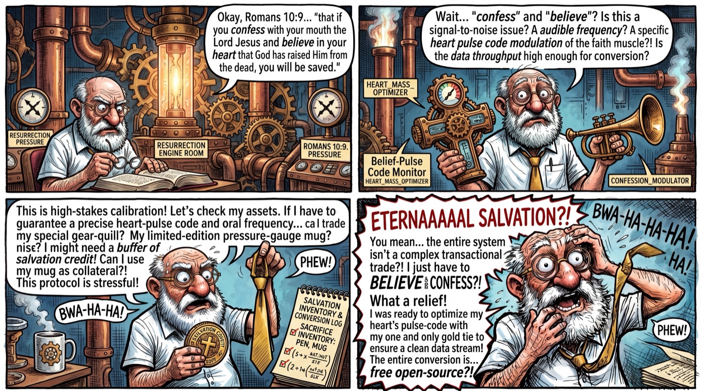 4-panel comic strip: Our hero enters the Resurrection Engine Room, tries to optimize his heart-pulse code modulation, offers his gear-quill and gold tie as collateral — then realizes the entire conversion system is free open-source. PHEW!
