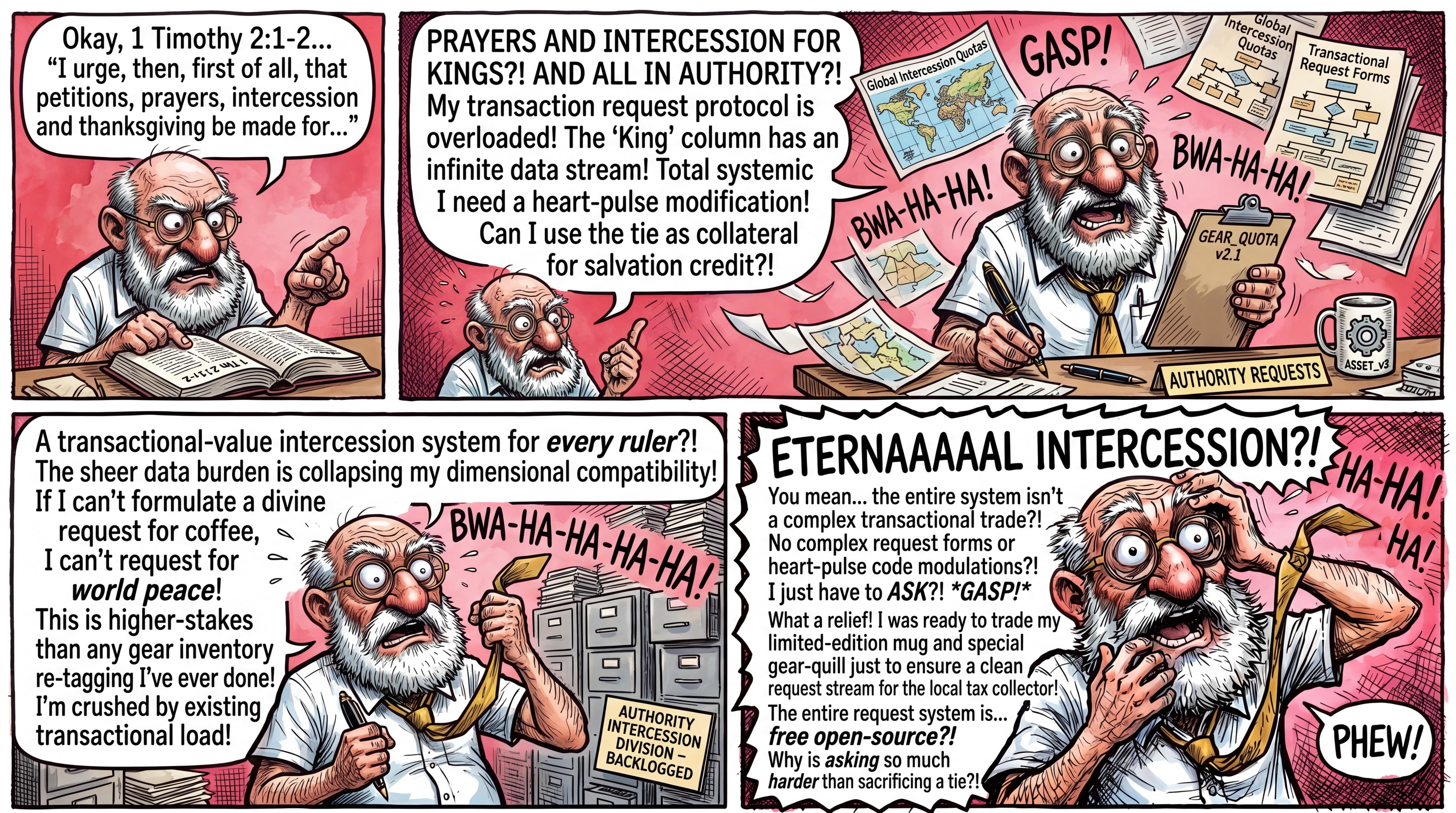 4-panel comic: A frazzled office worker tries to submit a formal multi-page prayer request form for the king — drowning in bureaucracy — until God says 'Just ASK' — and the whole system collapses into simple faith. 1 Timothy 2:1-2