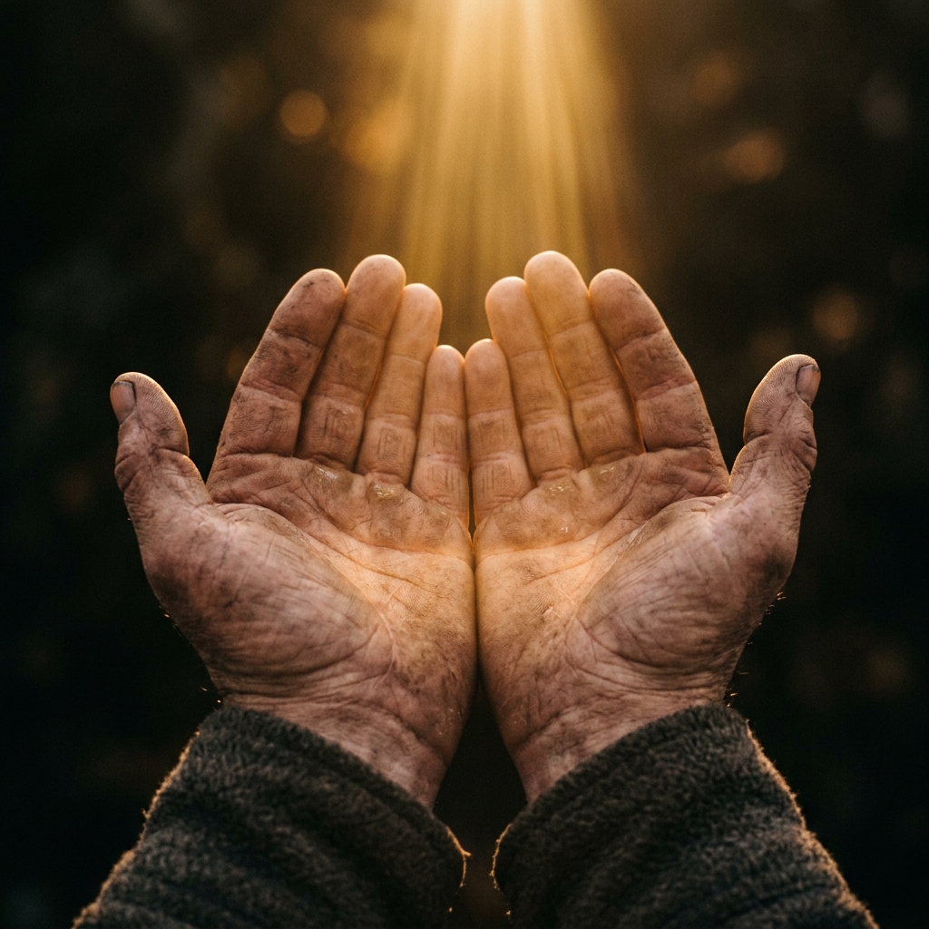 Weathered hands held open, receiving the light of God — the abundant life is received, not earned