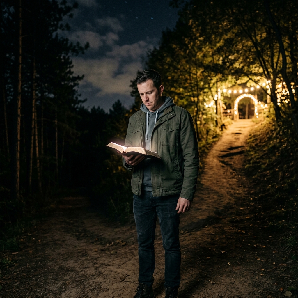 A man at a dark crossroads at night, holding a glowing Bible, one path lit with golden light, the other descending into darkness