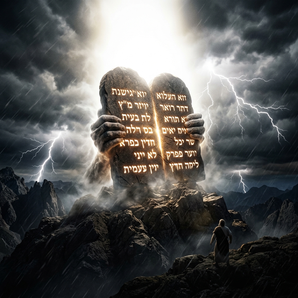 The Ten Commandments on stone tablets held above a stormy mountain — God issuing law, not suggestions