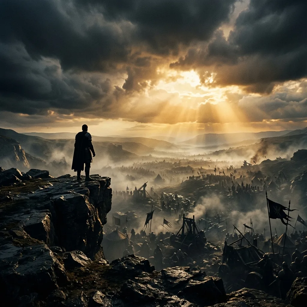 Lone figure on cliff overlooking a spiritual battlefield at dawn — Day 1: Recognizing the Battlefield