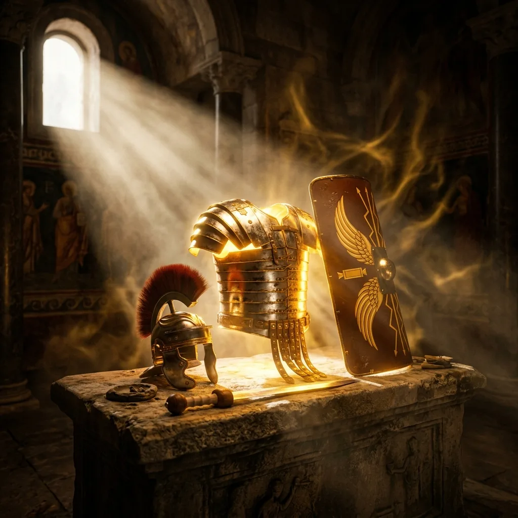 Ancient armor of God glowing with divine light on a stone altar — Day 2: The Weapons of Our Warfare