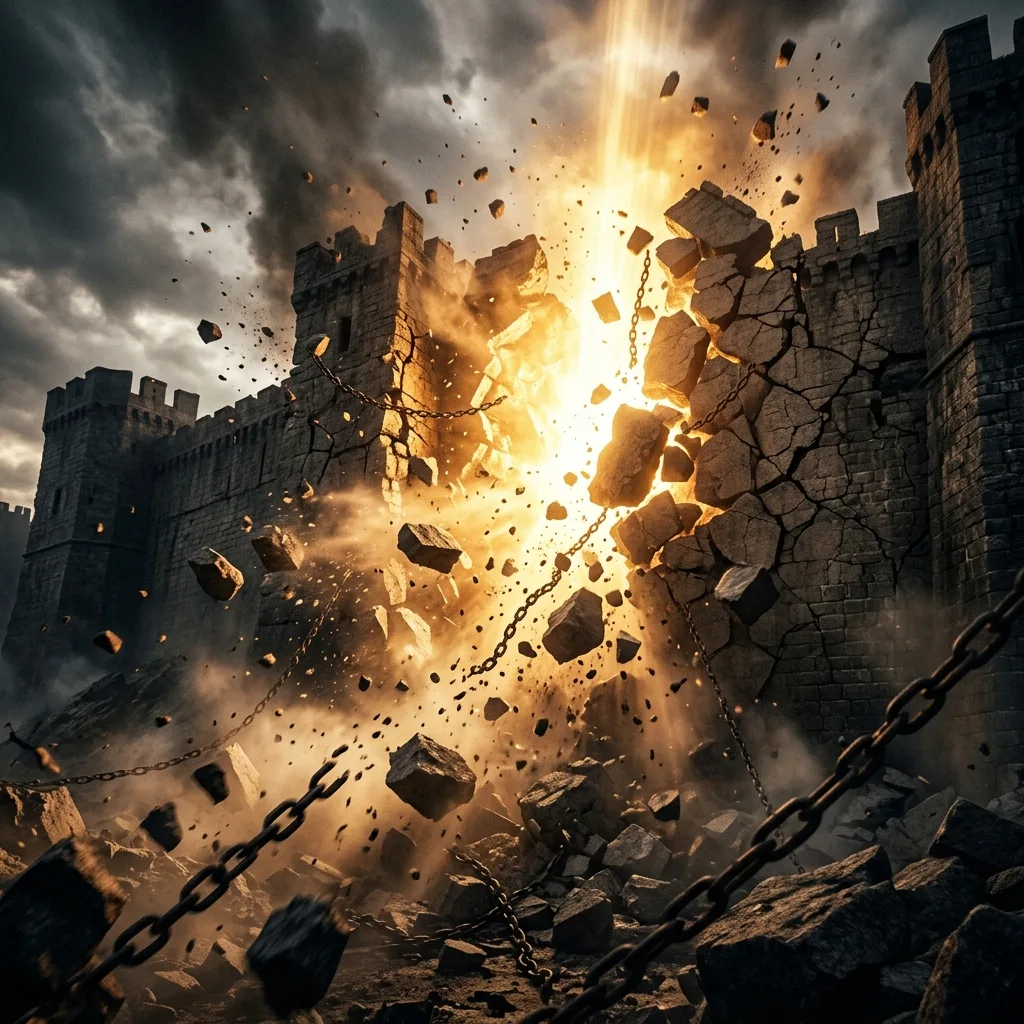 Fortress walls crumbling under supernatural golden light — Day 3: Identifying and Naming Strongholds
