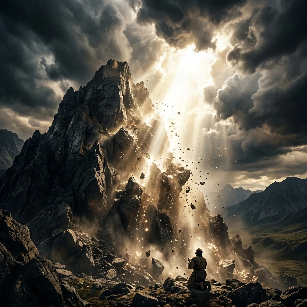 Dark mountain dissolving under heavenly light, kneeling figure in surrender — Day 4: Casting Down Imaginations