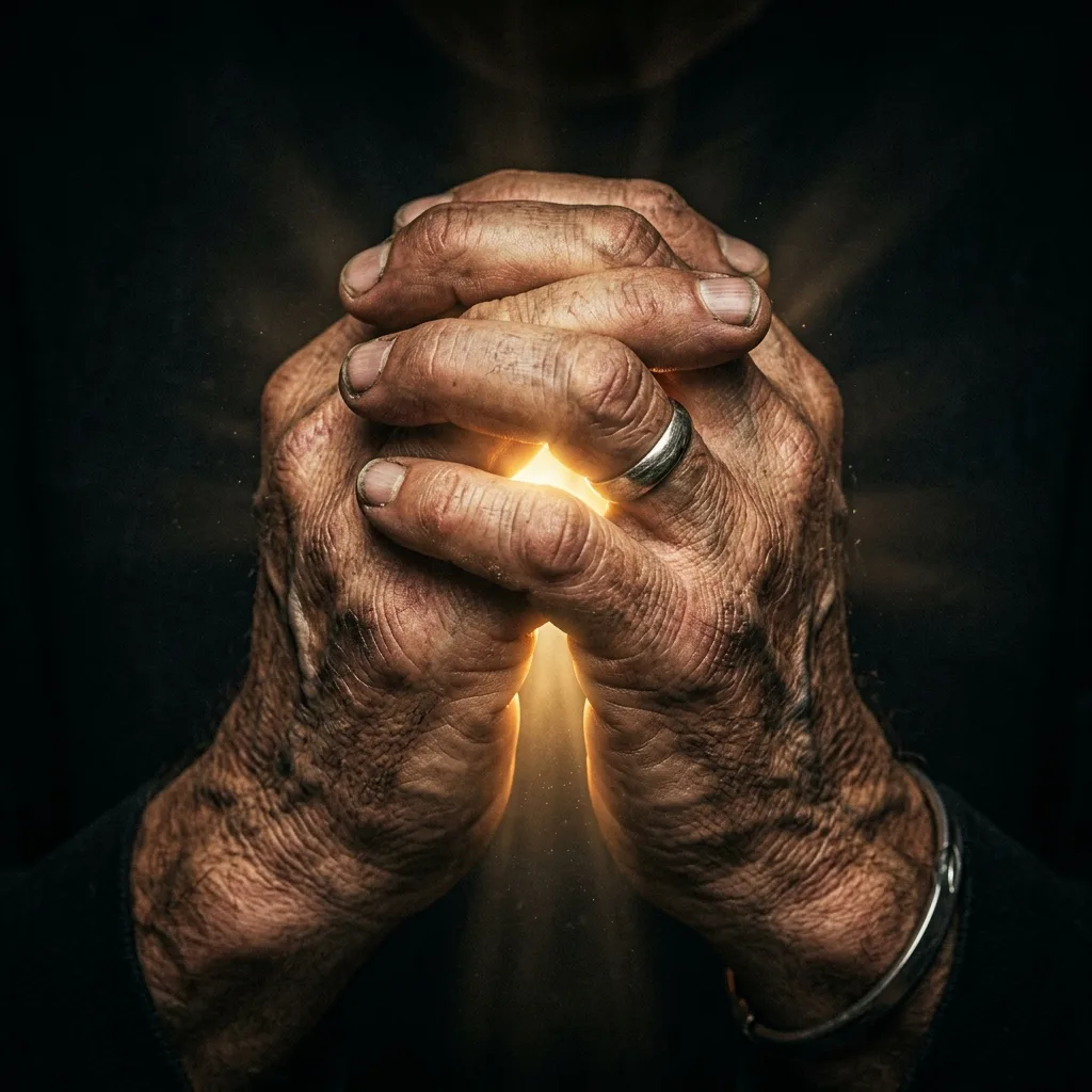 Weathered praying hands glowing with divine golden light — Day 5: Taking Every Thought Captive