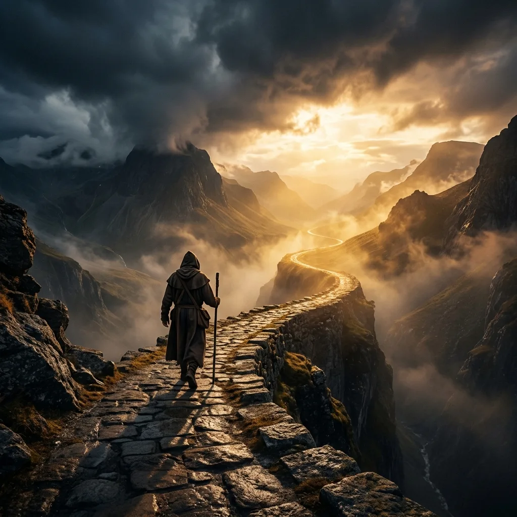 Lone figure walking stone path toward divine golden light through misty valley — Day 6: Obedience to Christ