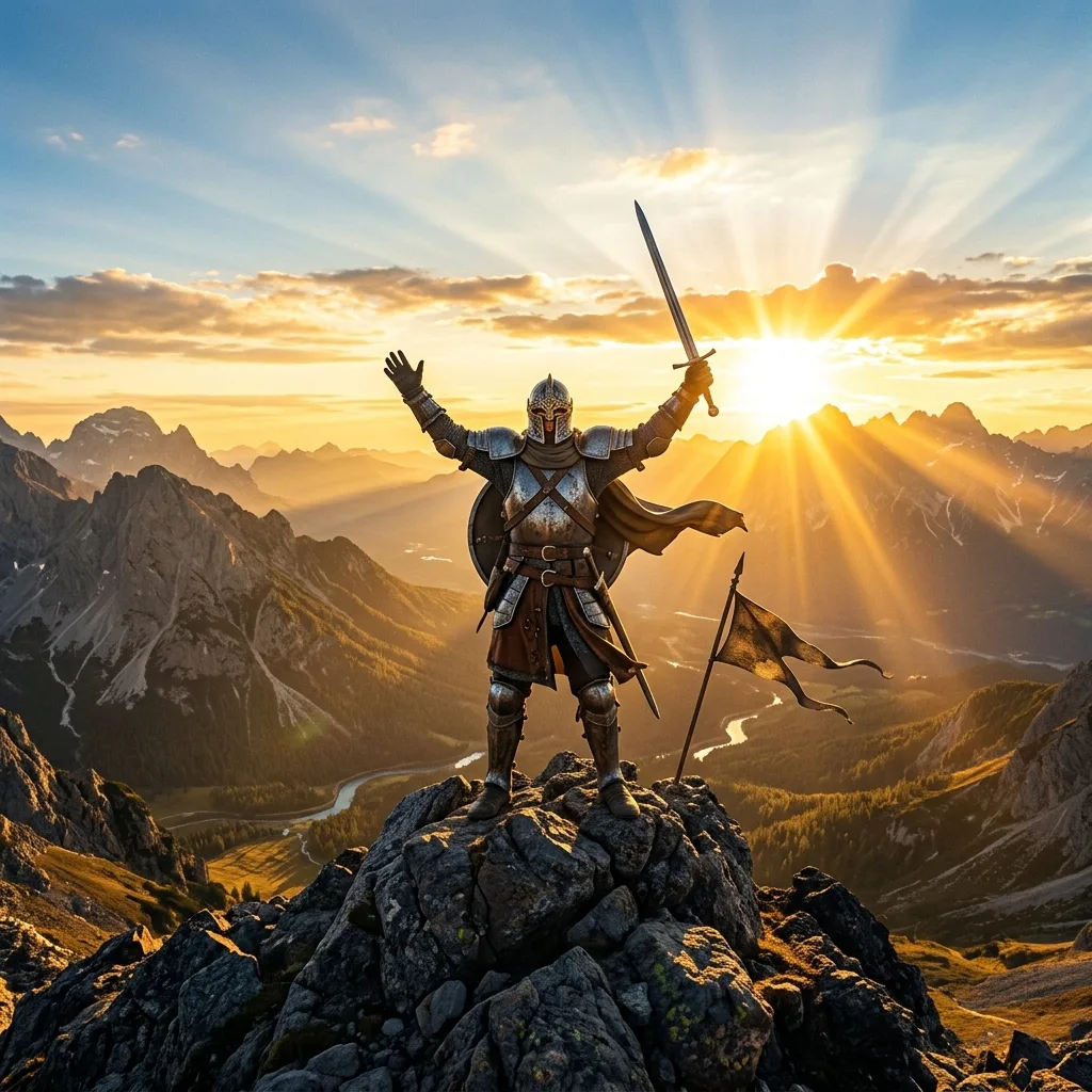 Triumphant armored warrior on mountaintop at sunrise with arms raised — Day 7: Victorious Living