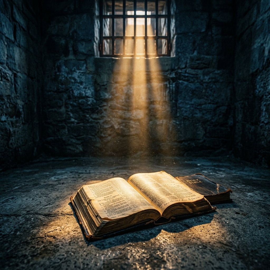 Light through prison bars onto an open Bible