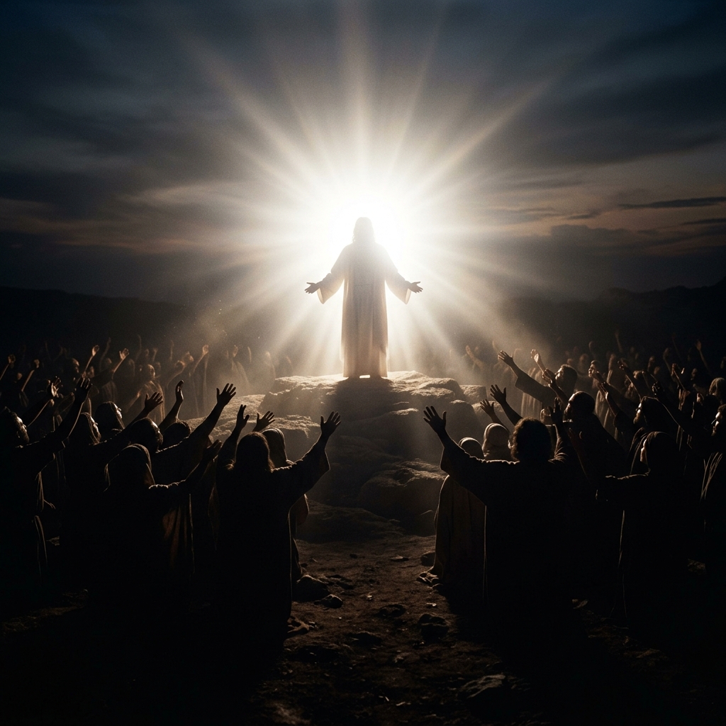 Christ standing in blinding light as crowds of silhouettes reach toward Him