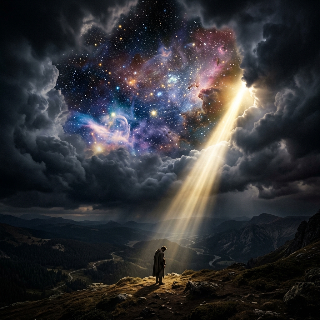 The heavens opening — God speaking through creation, a lone figure beneath the cosmos and a shaft of divine light