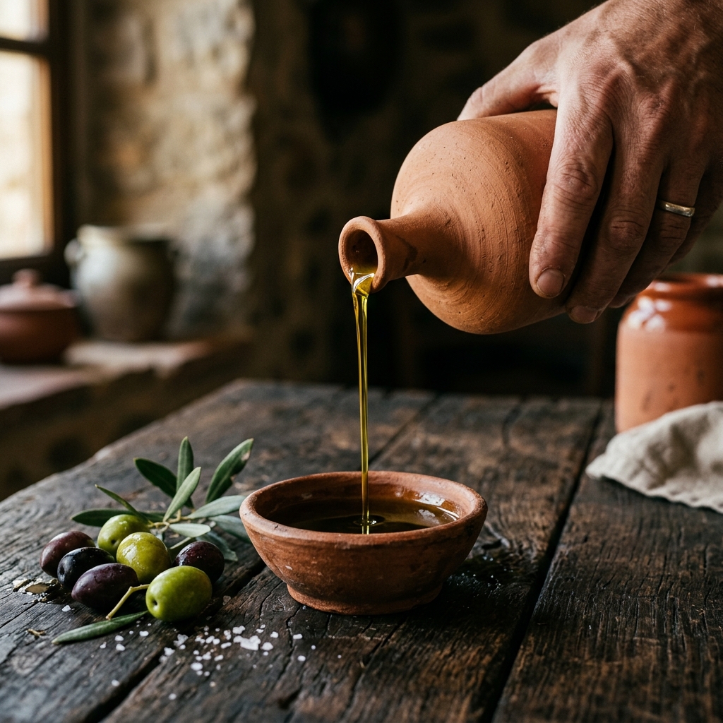 Cold-Pressed Olive Oil and Olives Illustration