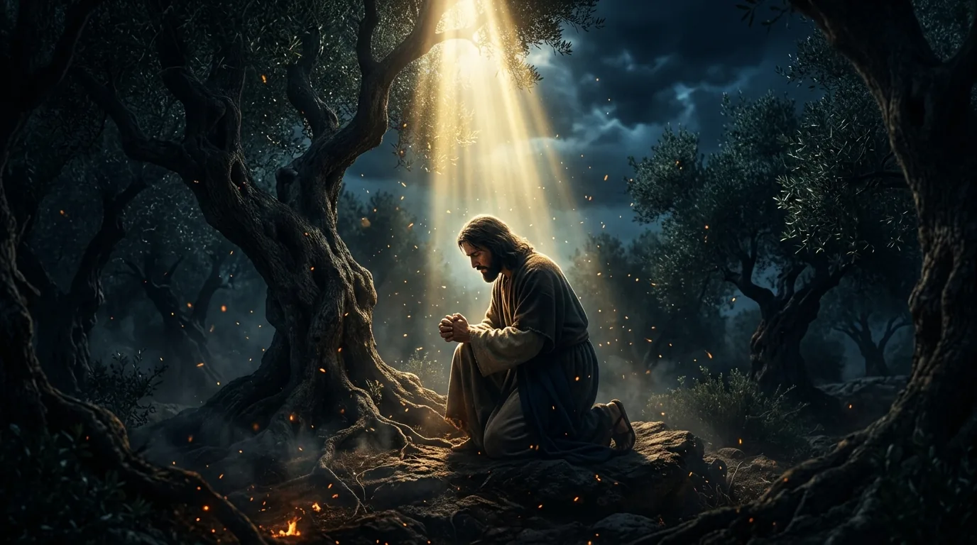 Jesus praying in Gethsemane under golden light