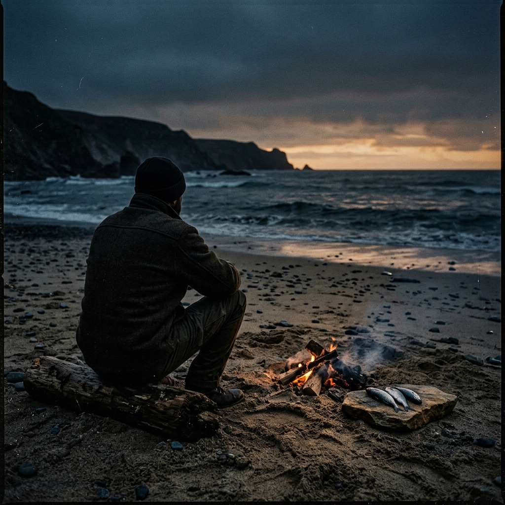 A man alone at a dying campfire on the beach at dawn — Grace When You Fall Again