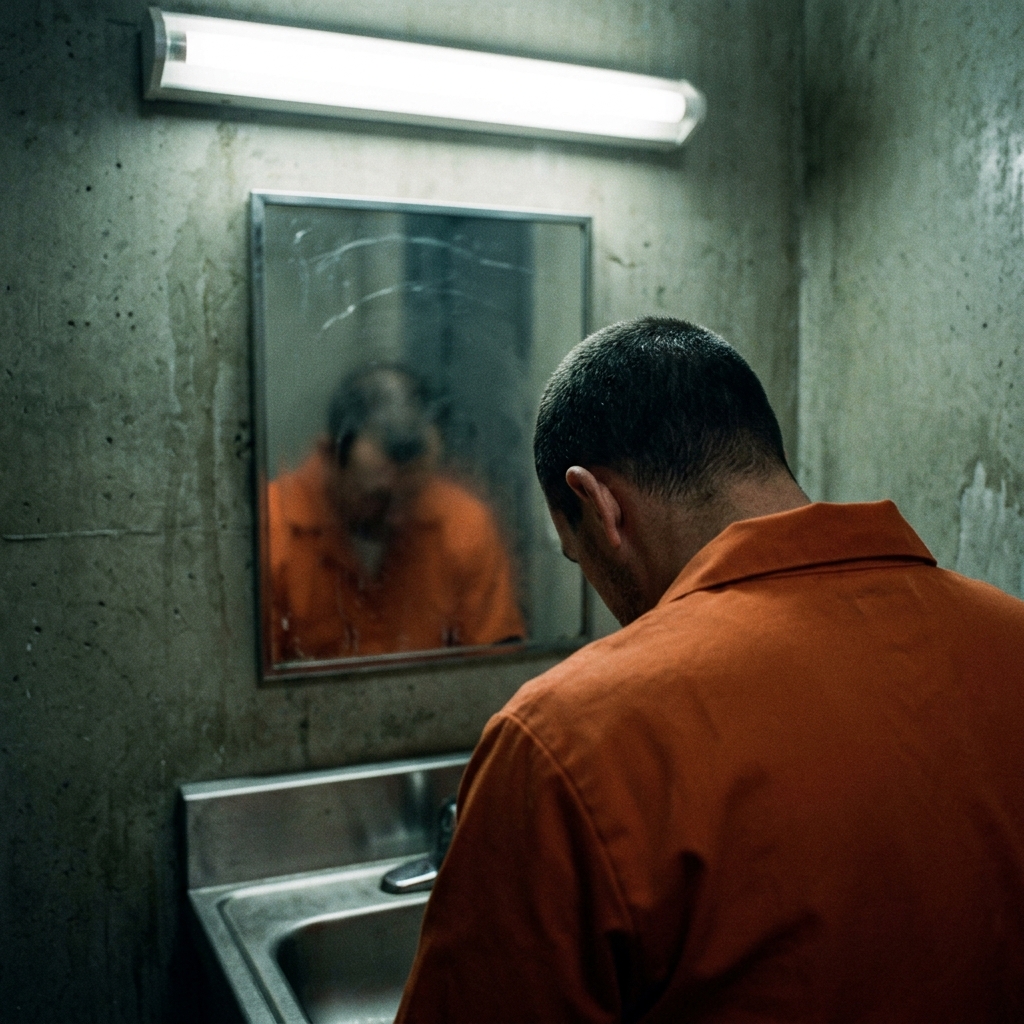 A man in an orange jumpsuit with his head bowed before a prison mirror
