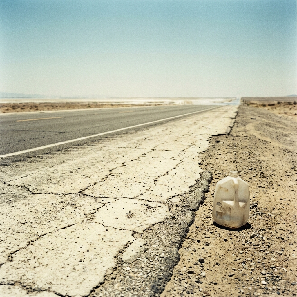 A lone water jug on a cracked desert highway — the dry season