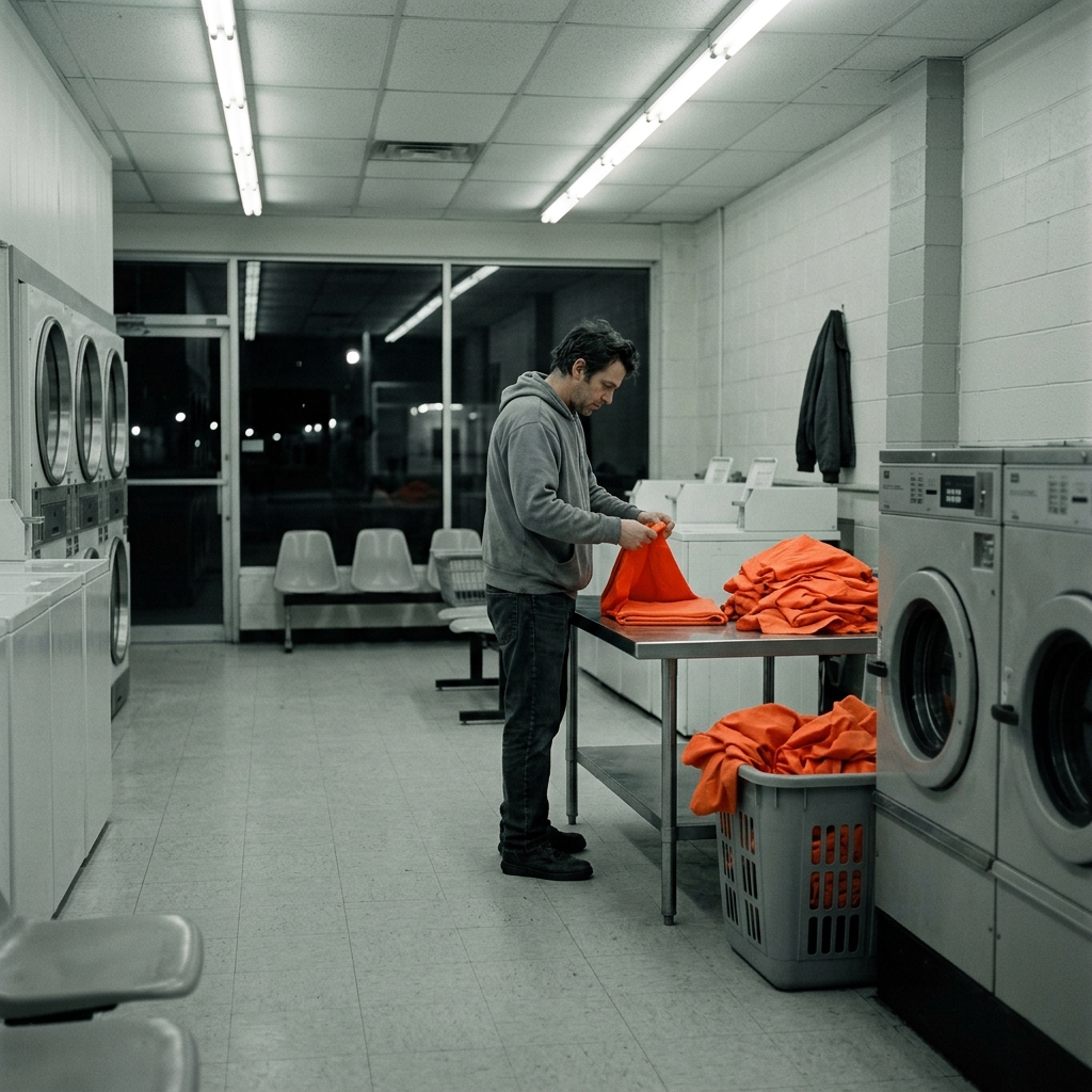 A man folding orange prison sheets alone in a late-night laundromat