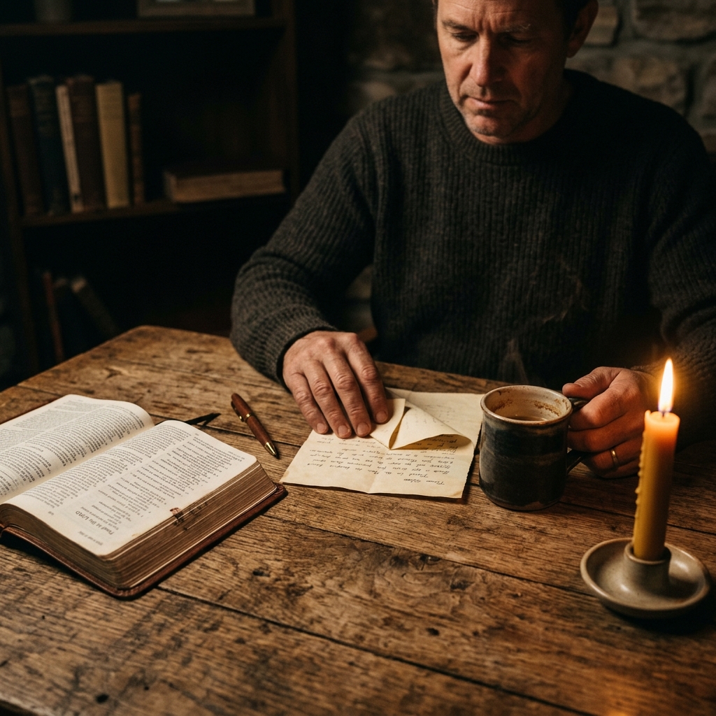 An open Bible and handwritten letter on a candlelit wooden desk — the scene of writing for ministry