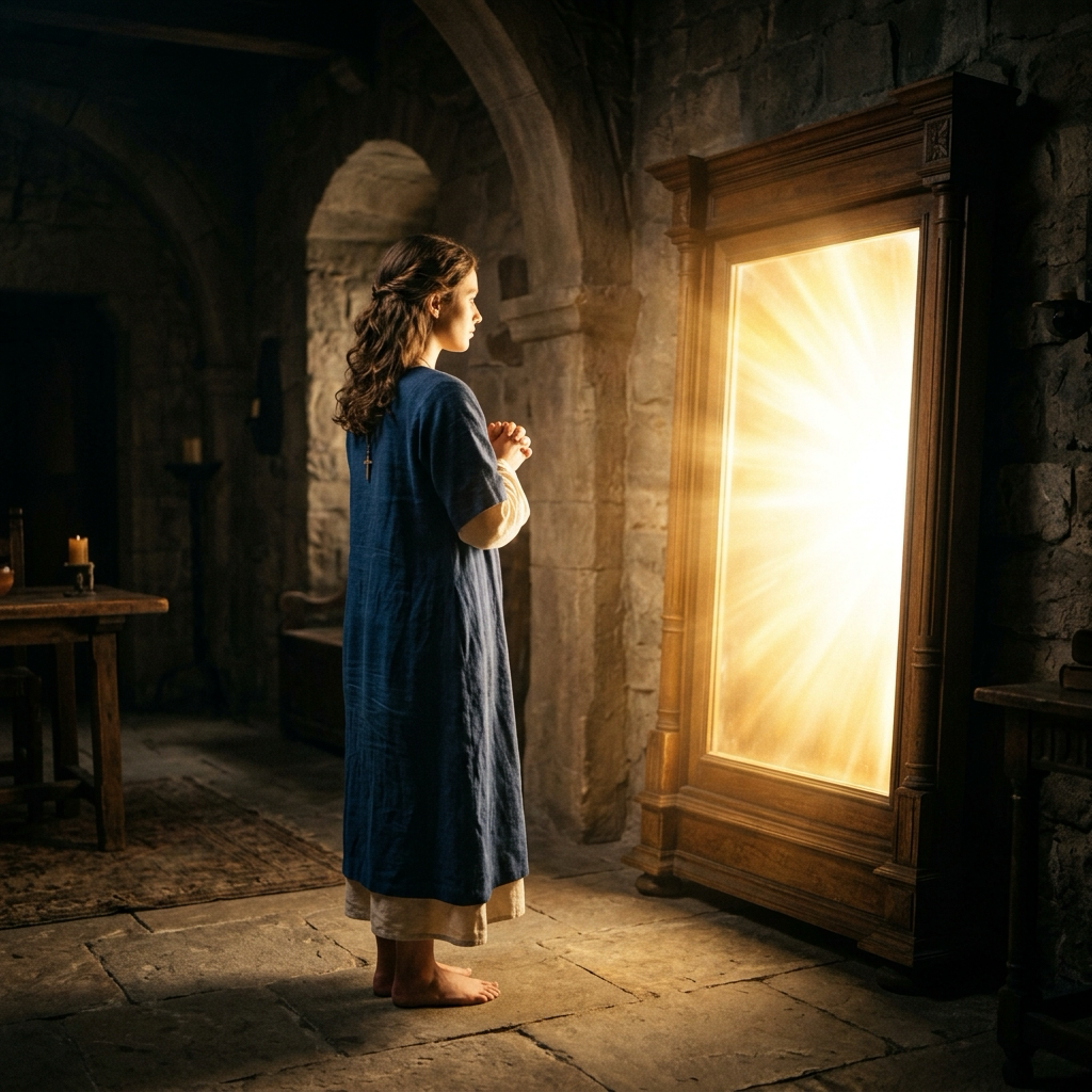 Person standing before a mirror that reflects pure light — seeing yourself through God's eyes