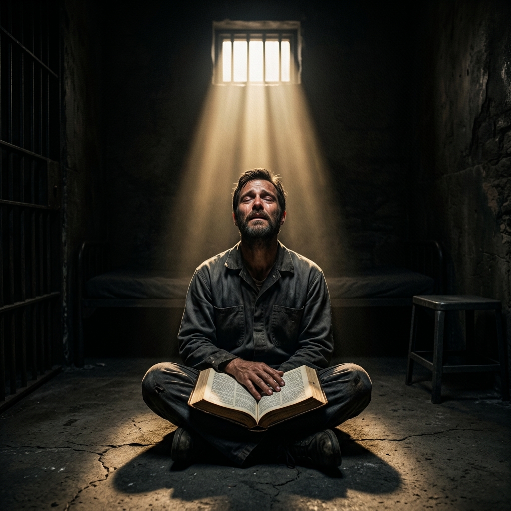 A man in a prison cell, face turned upward, transformed by what he just read in his open Bible — supernatural light falling on him