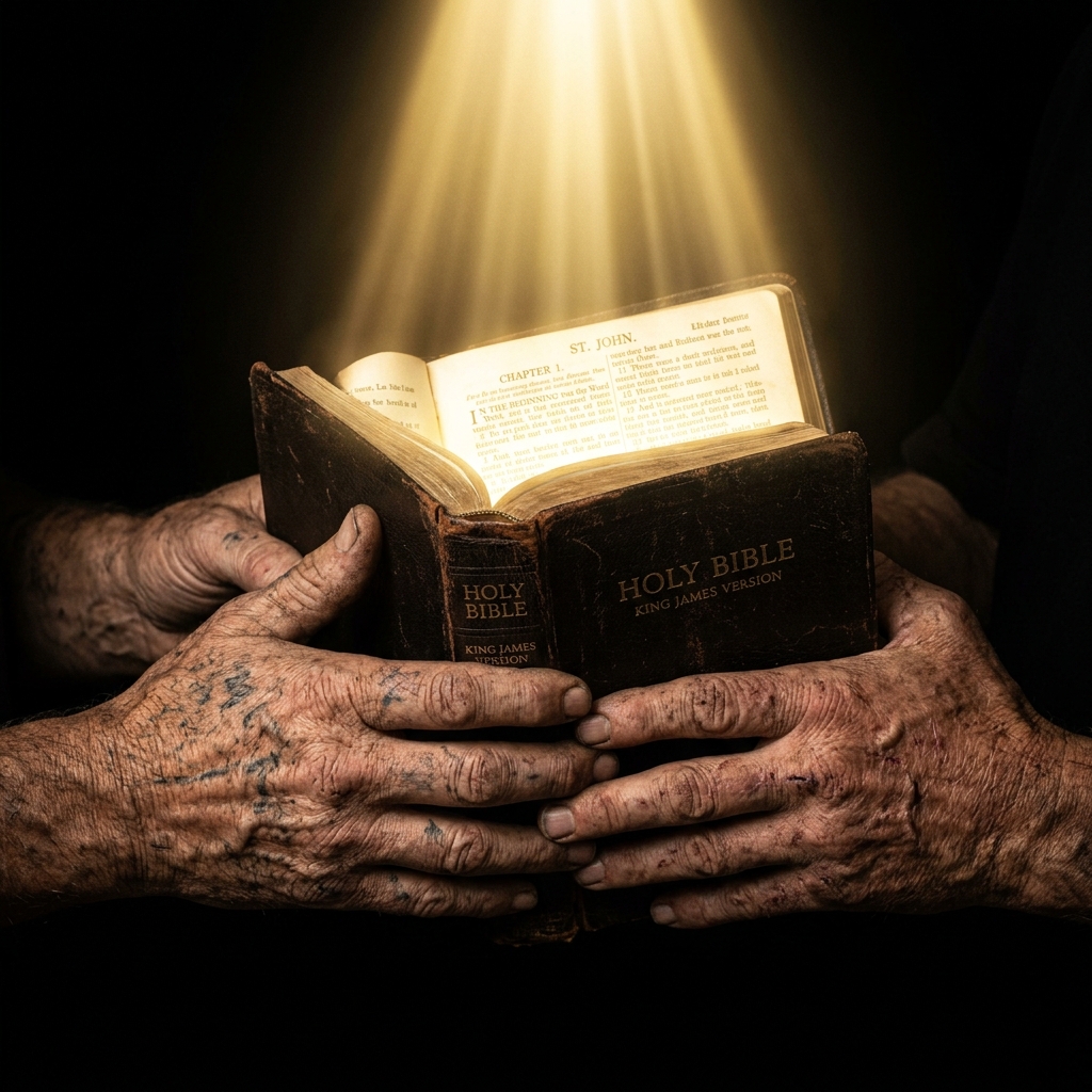 Weathered, scarred hands holding an open KJV Bible with divine light streaming from the pages